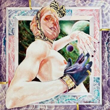 abstract painting of a man with scarf wrapped around his head and a black glove on one hand