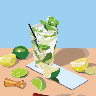 Mojito coctail painting with ime and tools laying around